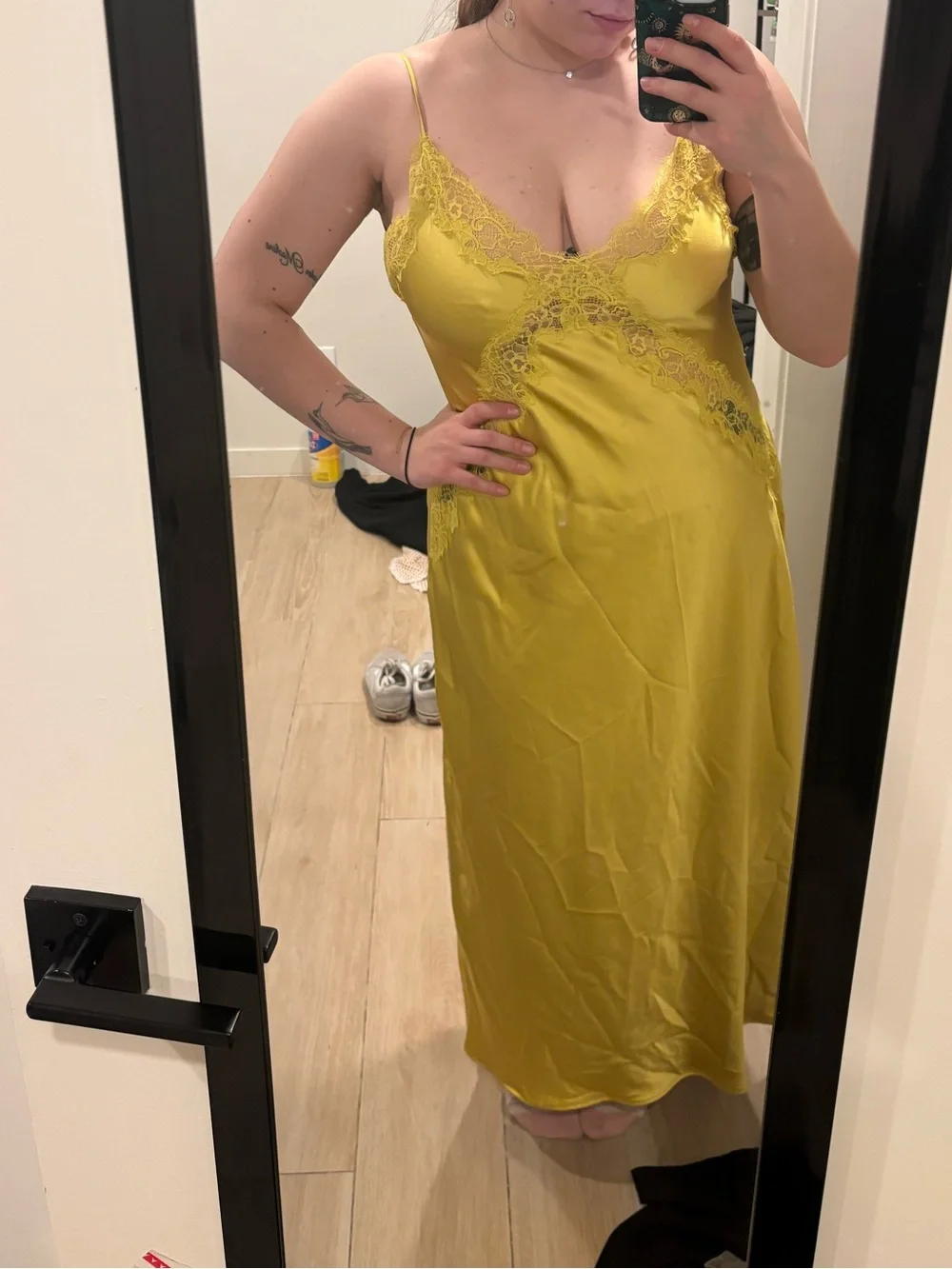 Zara Yellow Lace-Trim Satin Slip Dress - Picture 4 of 4